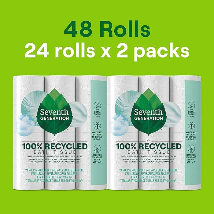 Seventh Generation Toilet Paper, 100% Recycled 2-Ply Bath Tissue, 2 Pack x 12 Rolls of 240 Sheets, Extra Soft, Strong for Home & RV, Whitened without Chlorine Bleach, No Dyes, Fragrances, Septic Safe - Image 3