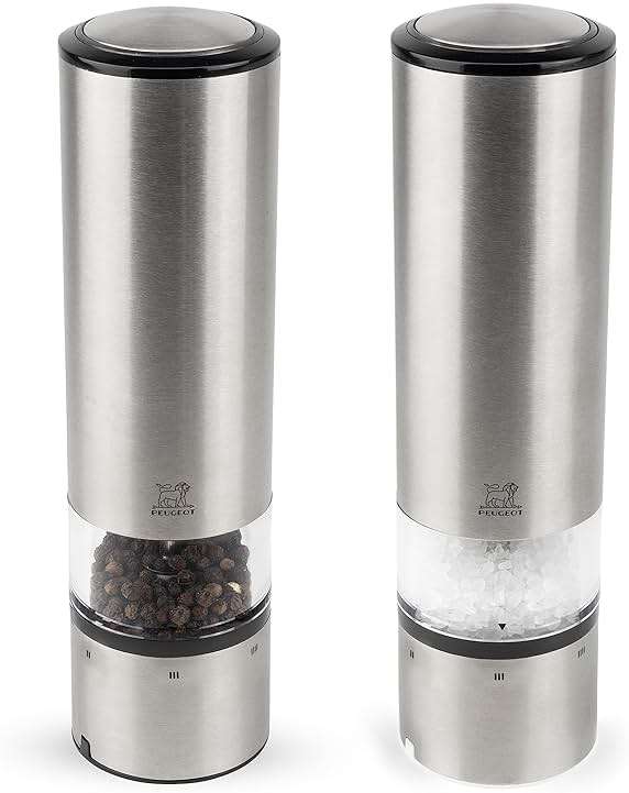 Peugeot - Elis Sense u'Select Electric Salt and Pepper Mill Set - Adjustable Grinders, Battery Powered - Blue LED Light, Stainless Steel, 8-inches - Image 1
