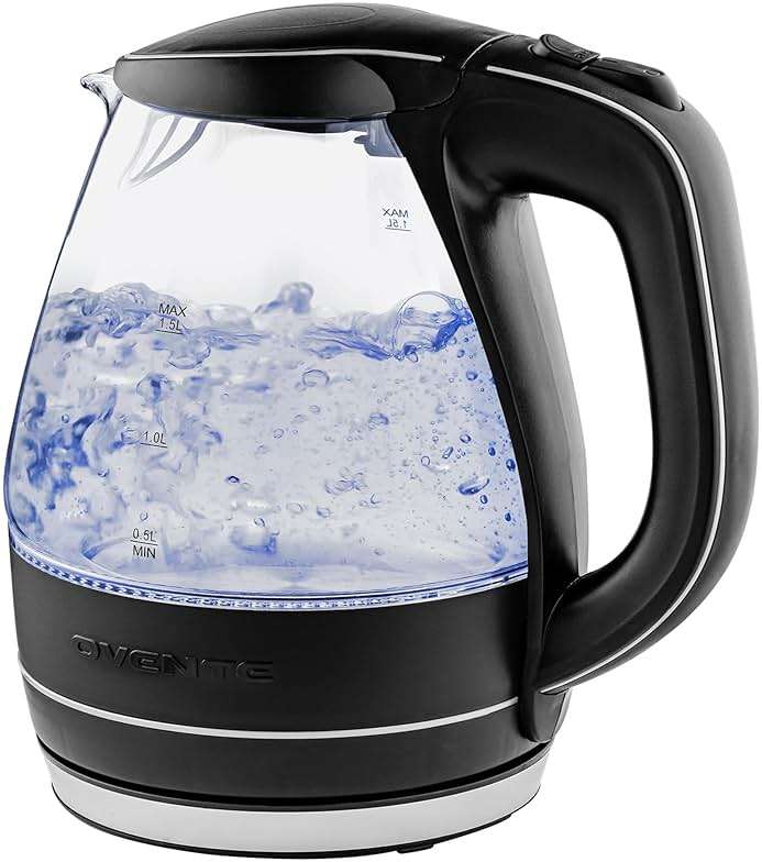 OVENTE Electric Kettle, 1.5L Borosilicate Glass Countertop Water Heater and Boiler for Coffee or Tea, BPA-Free, Auto Shut-Off, Boil-Dry Protection, Removable and Washable Spout Filter, Black KG83B - Image 1