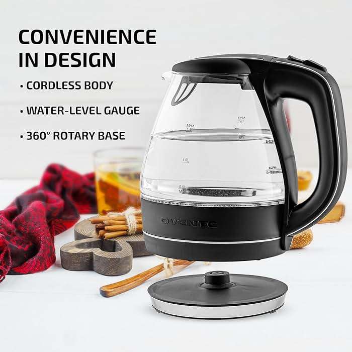 OVENTE Electric Kettle, 1.5L Borosilicate Glass Countertop Water Heater and Boiler for Coffee or Tea, BPA-Free, Auto Shut-Off, Boil-Dry Protection, Removable and Washable Spout Filter, Black KG83B - Image 5