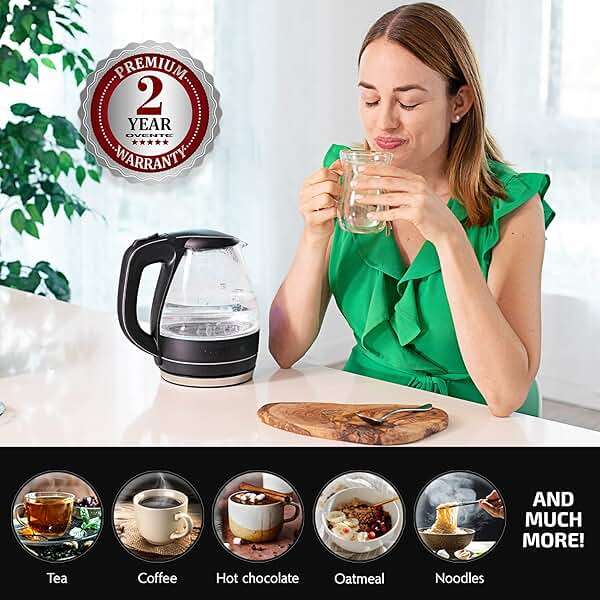 OVENTE Electric Kettle, 1.5L Borosilicate Glass Countertop Water Heater and Boiler for Coffee or Tea, BPA-Free, Auto Shut-Off, Boil-Dry Protection, Removable and Washable Spout Filter, Black KG83B - Image 9