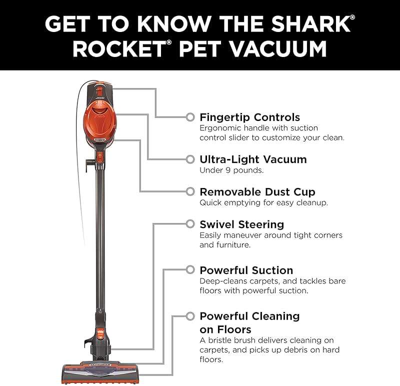 Shark Rocket Ultra-Light | Corded Stick Vacuum Cleaner for Carpet, Rugs & Hard Floors | Lightweight Hand Vacuum for Pet Hair & Upholstery | Swivel Steering | 2 Attachments | Gray/Orange | HV301 - Image 12