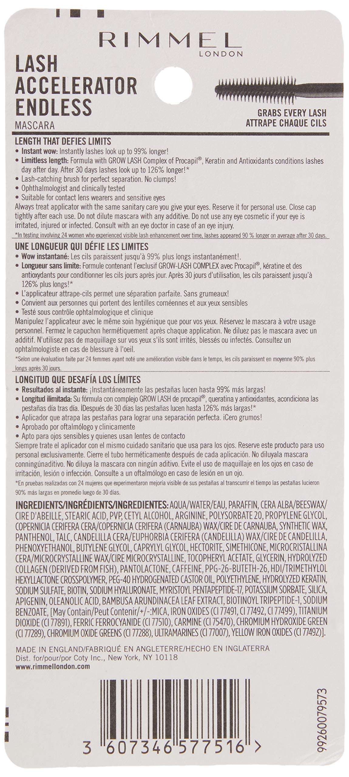 Rimmel London Lash Accelerator Endless Volume Mascara, Micro-Fiber Formula, No Clumps, Grow-Lash Complex, 003, Extreme Black, 0.33 oz - Image 3