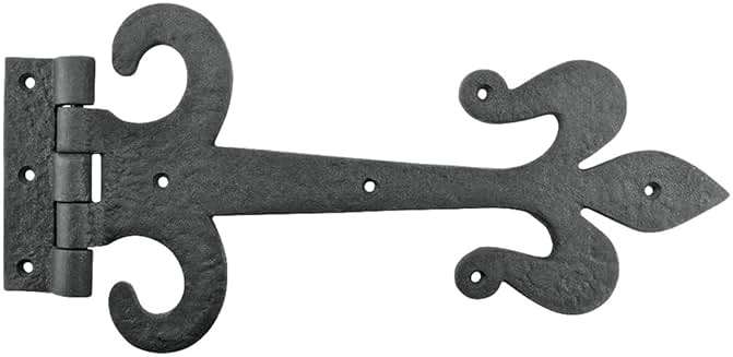 Renovators Supply Manufacturing Gate Hinges 12 in. Black Wrought Iron Fleur De Lis Style Strap Hinges for Gates and Doors with Mounting Hardware - Image 1