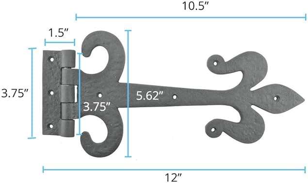 Renovators Supply Manufacturing Gate Hinges 12 in. Black Wrought Iron Fleur De Lis Style Strap Hinges for Gates and Doors with Mounting Hardware - Image 2