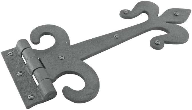 Renovators Supply Manufacturing Gate Hinges 12 in. Black Wrought Iron Fleur De Lis Style Strap Hinges for Gates and Doors with Mounting Hardware - Image 4