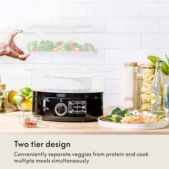 BELLA Two Tier Food Steamer with Stackable Baskets & Removable Base for Fast Simultaneous Cooking - Auto Shutoff & Boil Dry Protection, 7.4 QT, Black - Image 2