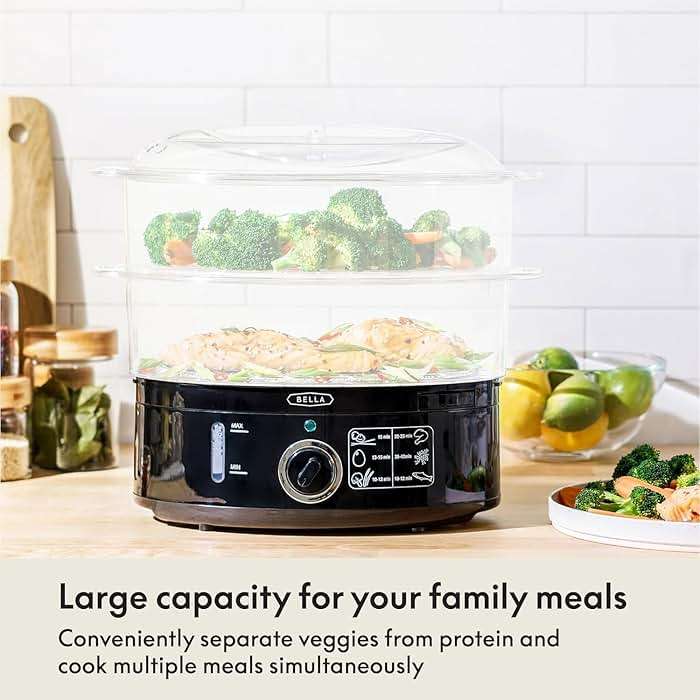 BELLA Two Tier Food Steamer with Stackable Baskets & Removable Base for Fast Simultaneous Cooking - Auto Shutoff & Boil Dry Protection, 7.4 QT, Black - Image 4