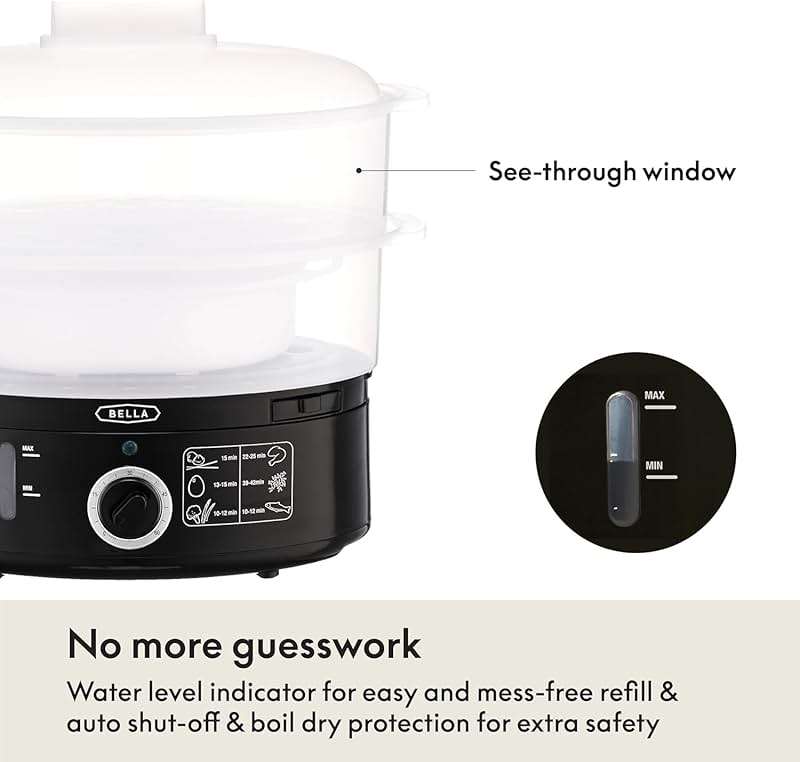 BELLA Two Tier Food Steamer with Stackable Baskets & Removable Base for Fast Simultaneous Cooking - Auto Shutoff & Boil Dry Protection, 7.4 QT, Black - Image 5