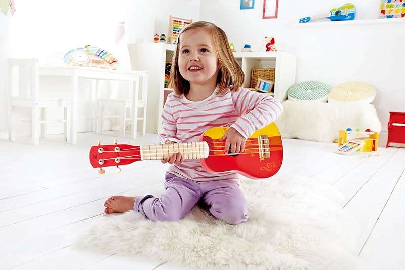 Hape Kid's Wooden Toy Ukulele, Red - Image 5