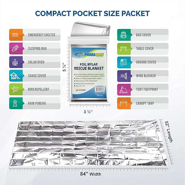 Primacare HB-10 Emergency Mylar Thermal Blankets – 10 Pack, 84" x 52", Silver – Reflective, Waterproof, Retains 90% Body Heat – for Survival, First Aid, Outdoors, Camping, EMS - Image 2