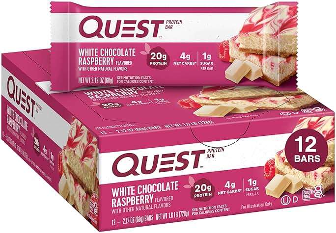 Quest Nutrition White Chocolate Raspberry Protein Bars, 20g Protein, 1g Sugar, 5g Net Carb, High Fiber, Gluten Free, Keto Friendly, 12 Count - Image 1