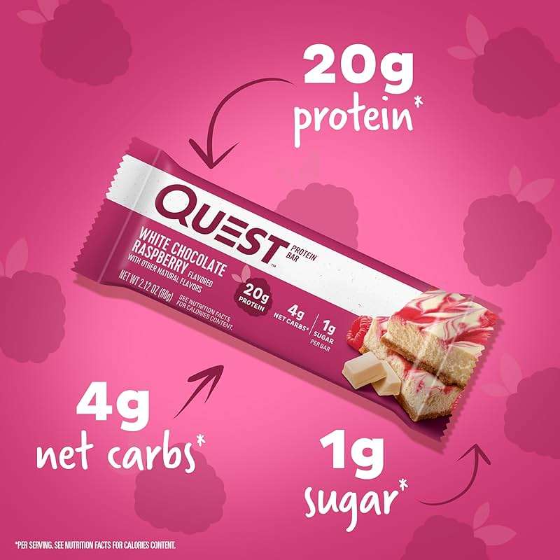 Quest Nutrition White Chocolate Raspberry Protein Bars, 20g Protein, 1g Sugar, 5g Net Carb, High Fiber, Gluten Free, Keto Friendly, 12 Count - Image 2