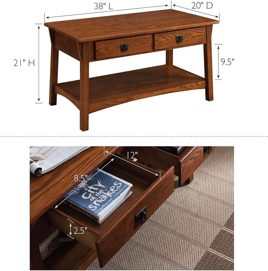 Leick Home 10055-RS Mission Coffee Table for Living Room, Two Drawers and Shelf, Made with Solid Wood, Russet Finish - Image 3