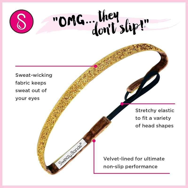 Sweaty Bands Womens Girl Headband - Non-Slip Velvet-Lined Sparkly Hairband - Viva Diva Gold 3/8-Inch - Image 6