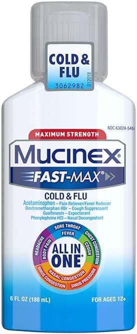 Mucinex Fast-Max Cold and Flu Medicine All-in-One Maximum Strength Liquid for Chest Congestion, Cough, Sore Throat, Nasal Decongestant, 6 fl oz (Packaging May Vary) - Image 1