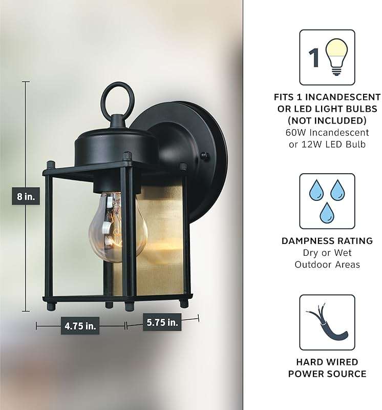 DESIGNERS FOUNTAIN Preston Outdoor Light Fixture, 8 Inch Exterior Wall Lantern Sconce for Front Door, Patio and Porch, Black, 1161-BK - Image 2