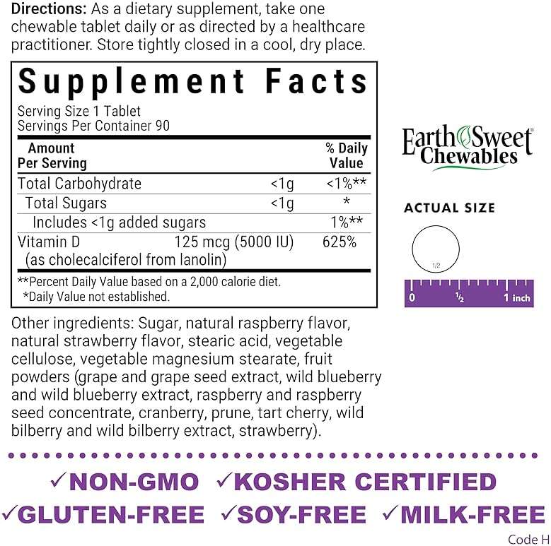 Bluebonnet Nutrition Earth Sweet Vitamin D3 5000 IU Chewable Tablets, Aids in Muscle & Skeletal Growth, Non GMO, Gluten & Soy & Milk Free, Kosher, Raspberry, White, 90 Count - Image 2