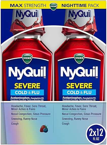 Vicks NyQuil SEVERE Cold & Flu Liquid Twin Pack, Nighttime Relief Medicine for Headache, Fever, Sore Throat, Minor Aches & Pains, Nasal Congestion, Sneezing, Runny Nose, Cough, Berry Flavor, 2x12 OZ - Image 1