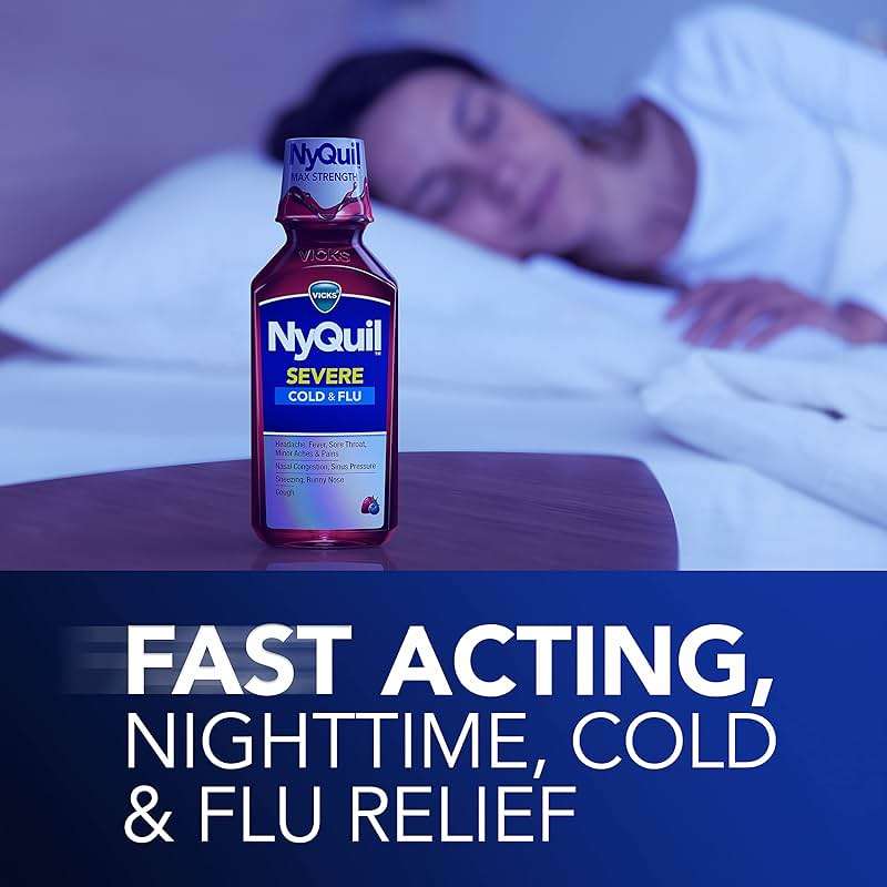 Vicks NyQuil SEVERE Cold & Flu Liquid Twin Pack, Nighttime Relief Medicine for Headache, Fever, Sore Throat, Minor Aches & Pains, Nasal Congestion, Sneezing, Runny Nose, Cough, Berry Flavor, 2x12 OZ - Image 4
