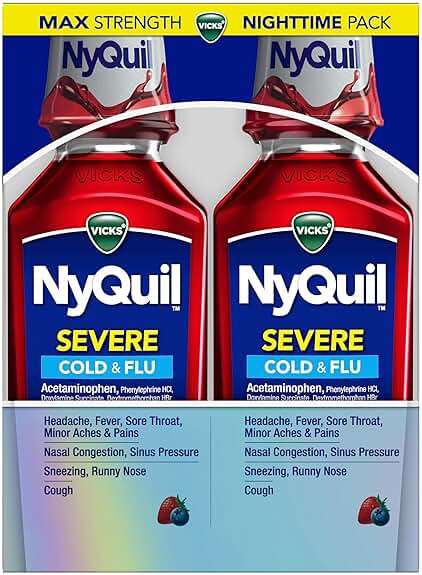 Vicks NyQuil SEVERE Cold & Flu Liquid Twin Pack, Nighttime Relief Medicine for Headache, Fever, Sore Throat, Minor Aches & Pains, Nasal Congestion, Sneezing, Runny Nose, Cough, Berry Flavor, 2x12 OZ - Image 7