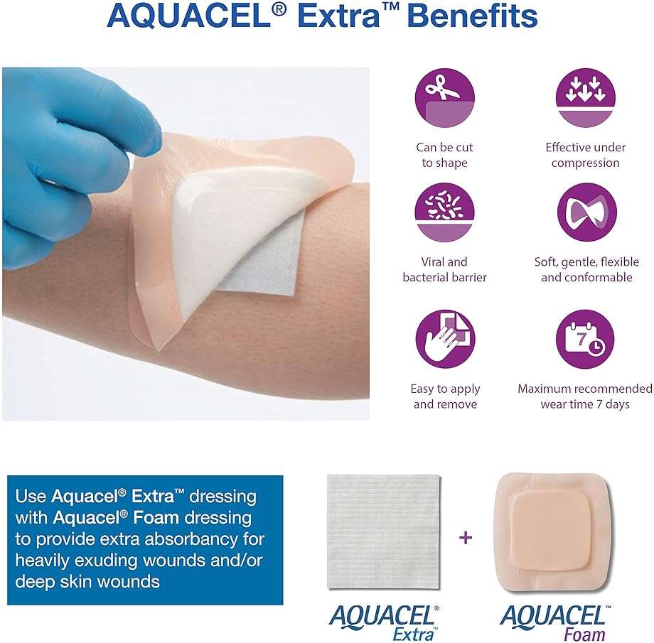 ConvaTec AQUACEL Extra 4"x5" Hydrofiber Absorbant Dressing for Moderate to Highly Exuding Wounds, Non-Woven Two-Dimensional Strengthening Fibers, Rectangle, 10ct Box - Image 4