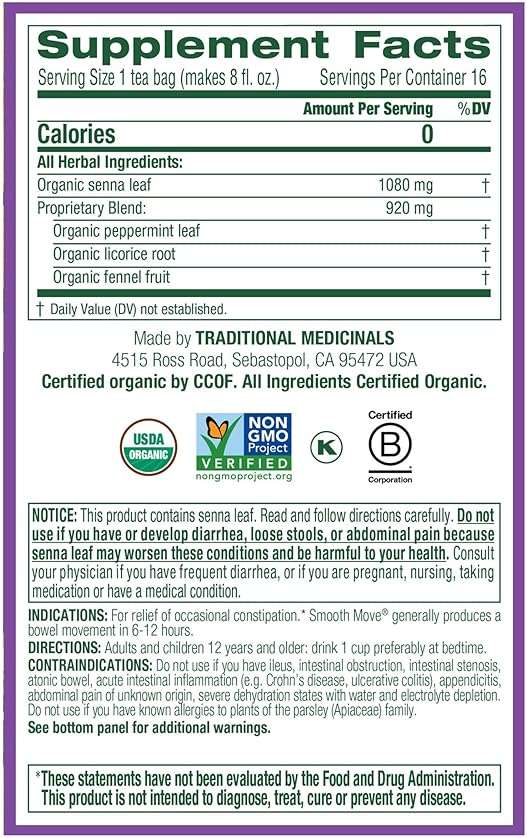 Traditional Medicinals Organic, Smooth Move Tea, Peppermint & Senna - Helps Relieve Constipation Overnight - Kosher, Non-GMO, Caffeine-Free, Compostable - 16 Tea Bags - Image 5