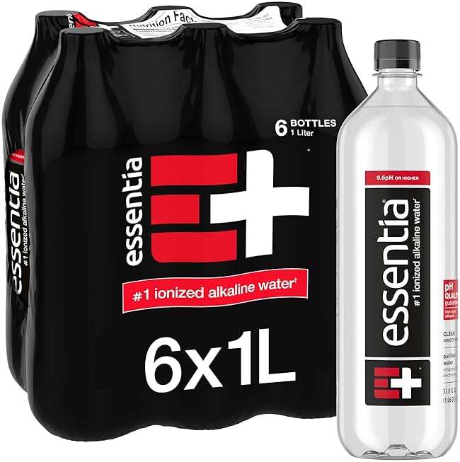 Essentia Bottled Water, 1 Liter, Pack of 6 Bottles; 99.9% Pure, Infused with Electrolytes for a Smooth Taste, pH 9.5 or Higher; Ionized Alkaline Water - Image 1