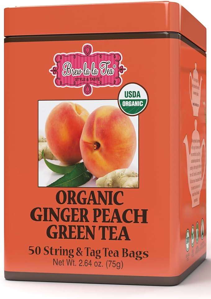 Brew La La Organic Green Tea - Natural Ginger Peach Flavor - 50 Double Chambered Tea Bags - Low Caffeine - USDA Certified Organic - NonGMO - Gluten Free - Image 1