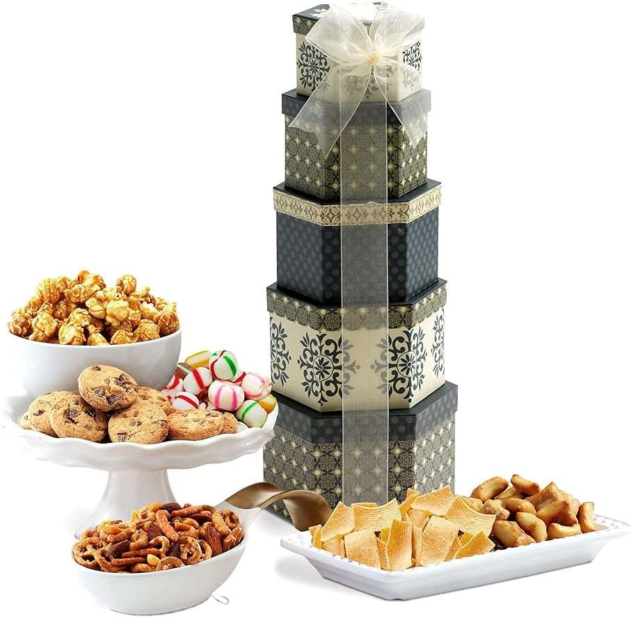 Broadway Basketeers Tower Snack Gift Basket – Gourmet Basket Gifts for Family, Friends & Groups – Sweet & Savory Large Gift Basket with Cookies, Popcorn & Candies – Perfect All Occasion Food Gifts - Image 1
