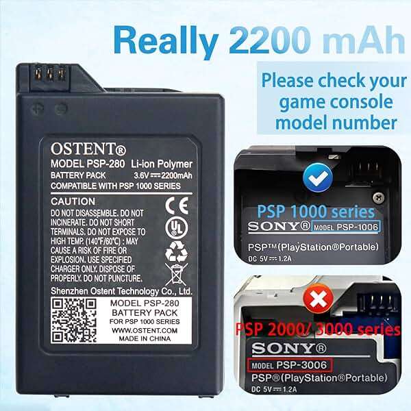 OSTENT High Capacity Quality Real 2200mAh 3.6V Lithium Ion Li-ion Polymer Rechargeable Battery Pack Replacement Upgraded Version for Sony PSP 1000 PSP-280 Console Video Games - Image 2