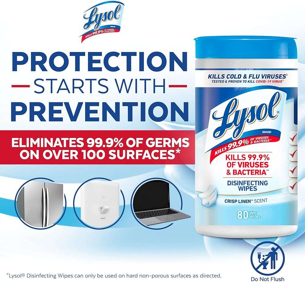 LYSOL Disinfecting Wipes, All Purpose Cleaner, Multi-Surface Antibacterial Cleaning Wipes, Household Cleaning Supplies, Dorm Essentials, Crisp Linen Scent, 80 ct. - Image 5