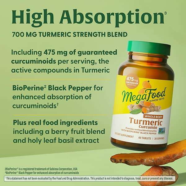 MegaFood Whole Body Turmeric Curcumin Supplement - Turmeric Supplement With Black Pepper & Vitamin C - 475 mg Curcuminoids Per Serving - Antioxidant & Immune Support - Vegan - 120 Tablets, 60 Servings - Image 4