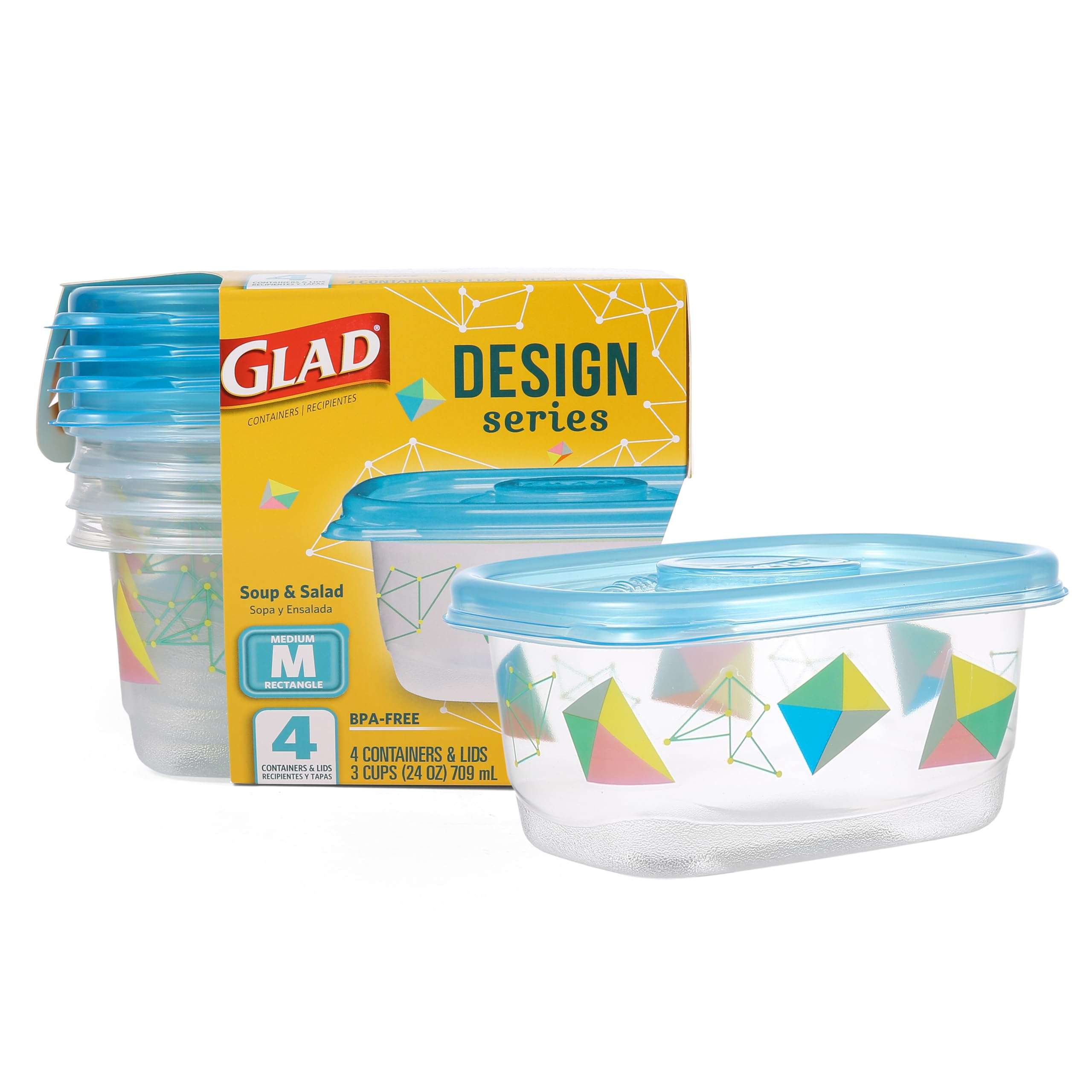 Glad GladWare Design Series Food Storage Containers with Lids, Medium Rectangle No BPA Plastic for Meal Prep and Lunches, Tight Seal, Microwave and Dishwasher Safe, 24 Oz, 4 Count - Image 1