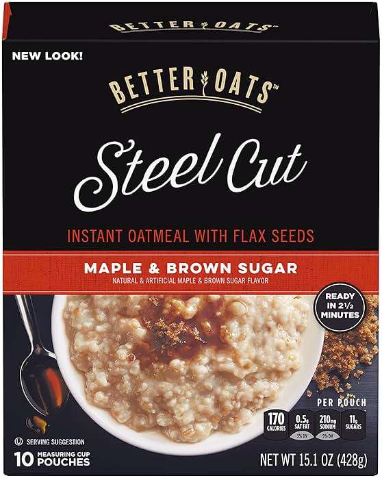 Better Oats Steel Cut Instant Oatmeal Packets, Maple and Brown Sugar Flavor with Flax Seeds, Quick-Cooking Breakfast, Box of 10 Pouches (Pack of 6) - Image 1