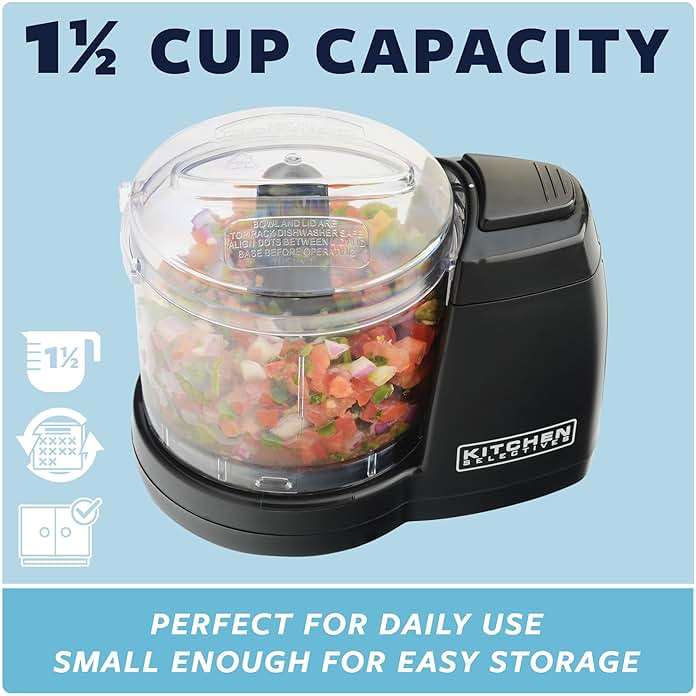 Kitchen Selectives Mini Chopper by Select Brands - Mini Electric Food Chopper for Kitchen Appliances - Features Dishwasher-Safe Parts - Chops, Minces & Dices - 1-1/2 Cups, Black - Image 4