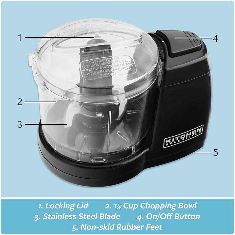 Kitchen Selectives Mini Chopper by Select Brands - Mini Electric Food Chopper for Kitchen Appliances - Features Dishwasher-Safe Parts - Chops, Minces & Dices - 1-1/2 Cups, Black - Image 8