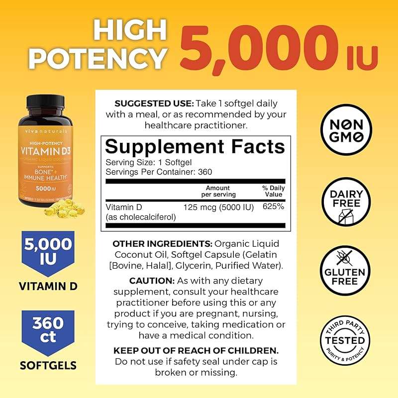 Viva Naturals Vitamin D3 5000 IU Softgels, 360 Count (125 mcg), Supports Bone & Immune Health, High Potency Vitamin D - Image 5