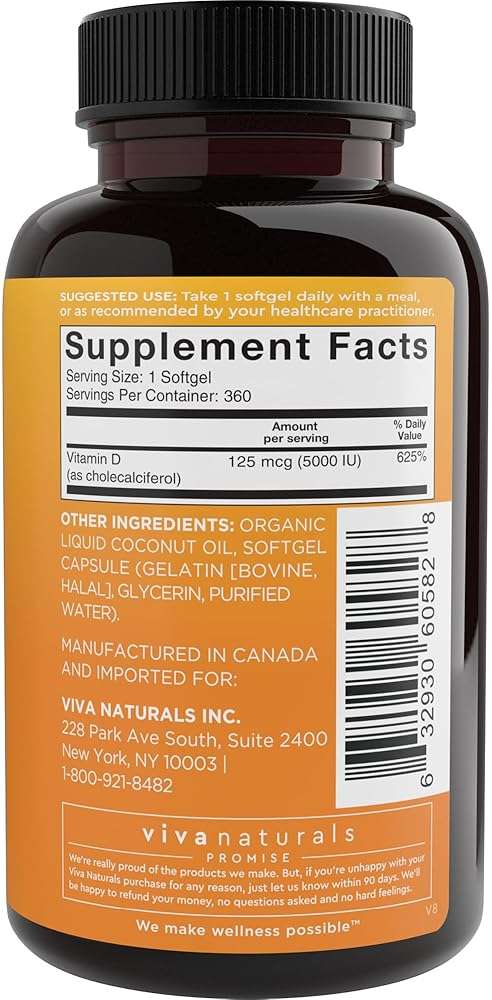 Viva Naturals Vitamin D3 5000 IU Softgels, 360 Count (125 mcg), Supports Bone & Immune Health, High Potency Vitamin D - Image 9