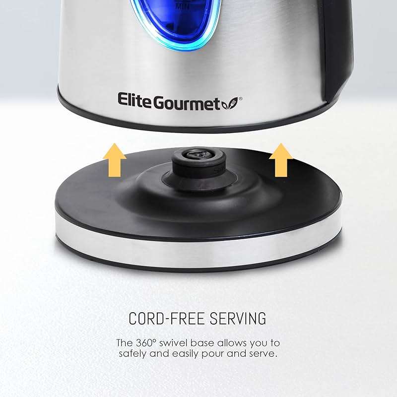 Elite Gourmet EKT-1271 Ultimate 1.7 Liter Electric Kettle – Stainless Steel Design & Cordless 360° Base, Stylish Blue LED Interior, Handy Auto Shut-Off Function – Quickly Boil Water For Tea & More - Image 5