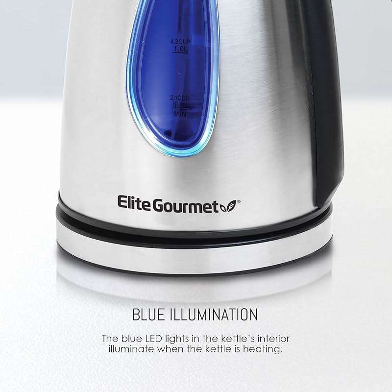 Elite Gourmet EKT-1271 Ultimate 1.7 Liter Electric Kettle – Stainless Steel Design & Cordless 360° Base, Stylish Blue LED Interior, Handy Auto Shut-Off Function – Quickly Boil Water For Tea & More - Image 6