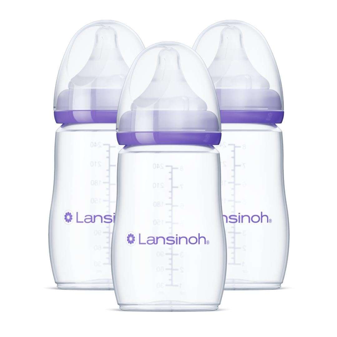 Lansinoh Anti-Colic Baby Bottles, 8 Ounce, 3 Count | Medium Flow Nipples (M), Breastfeeding Bottle with NaturalWave Design, BPA-Free Plastic, Baby Essentials - Image 1