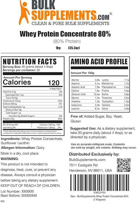 BulkSupplements.com Whey Protein Concentrate Powder - Whey Protein Powder Supplement, Unsweetened, Unflavored & Gluten Free, 30g per Serving, 1kg (2.2 lbs) (Pack of 1) - Image 6