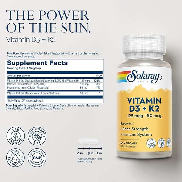 SOLARAY Vitamin D3 K2, K2 D3 Vitamin Supplement for Calcium Absorption, Bone Strength, Cardiovascular & Immune Function Support, Made Without Soy, 60-Day Guarantee, 60 Servings, 60 VegCaps - Image 2