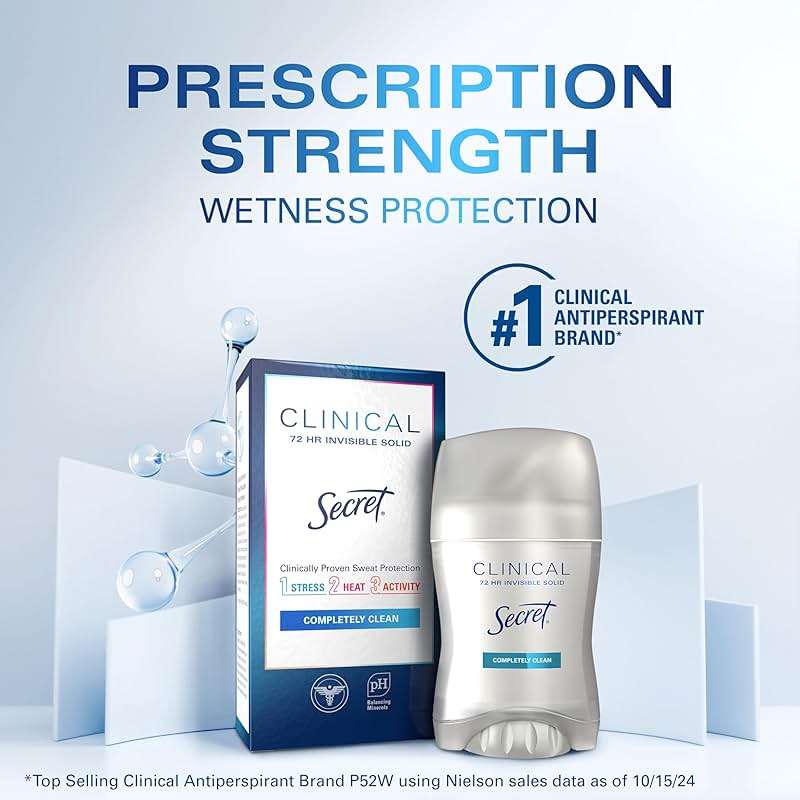 Secret Clinical Strength 100HR Sweat & Odor, Invisible Solid Antiperspirant Deodorant for Women, 3X Stress Protection with Hyaluronic Acid, PH Balancing, Completely Clean Scent, 1.6 oz - Image 5