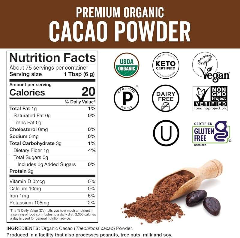 Organic Cacao Powder, Unsweetened, 1 lb (454 g) – Rich Dark Chocolate Flavor, Perfect for Baking, Smoothies & Hot Chocolate – Vegan, Keto, Paleo, Non-GMO & Gluten-Free Cocoa Powder - Image 2
