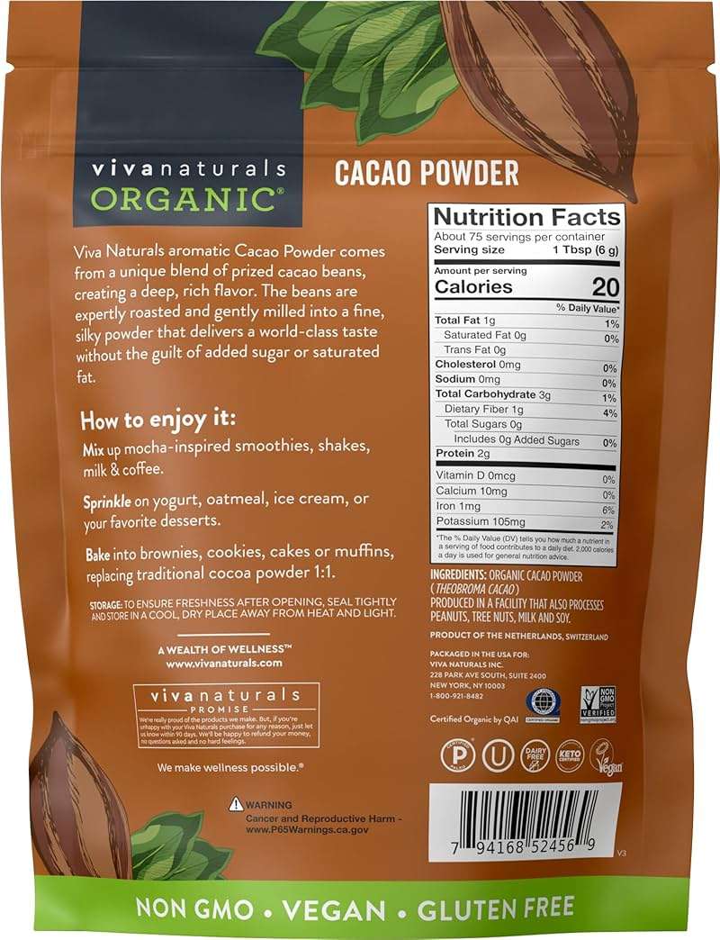 Organic Cacao Powder, Unsweetened, 1 lb (454 g) – Rich Dark Chocolate Flavor, Perfect for Baking, Smoothies & Hot Chocolate – Vegan, Keto, Paleo, Non-GMO & Gluten-Free Cocoa Powder - Image 3