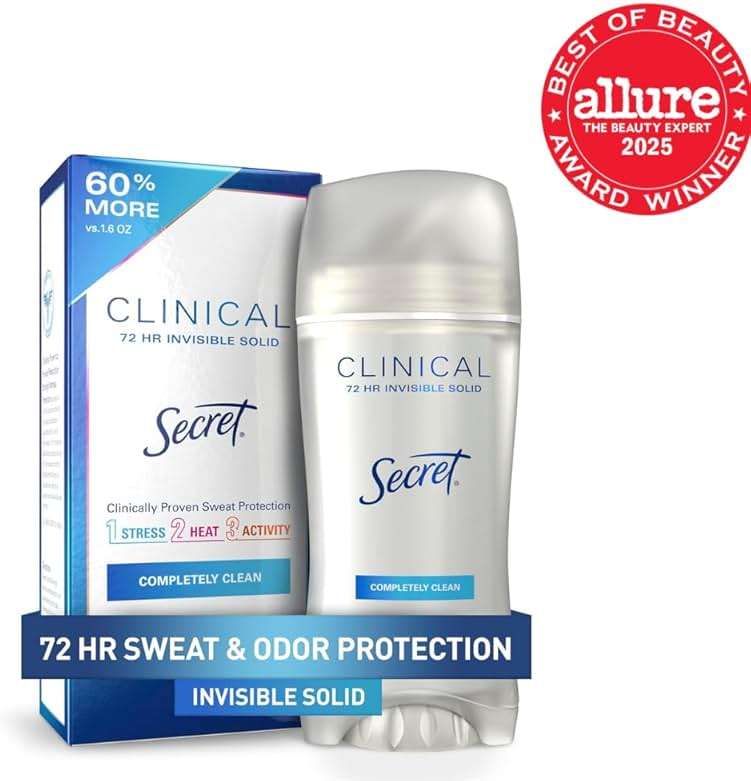 Secret Clinical Strength Invisible Solid Antiperspirant Deodorant for Women, 100HR Sweat & Odor Protection, 3X Stress Protection with Hyaluronic Acid, PH Balanced, Completely Clean Scent, 2.6 oz - Image 2