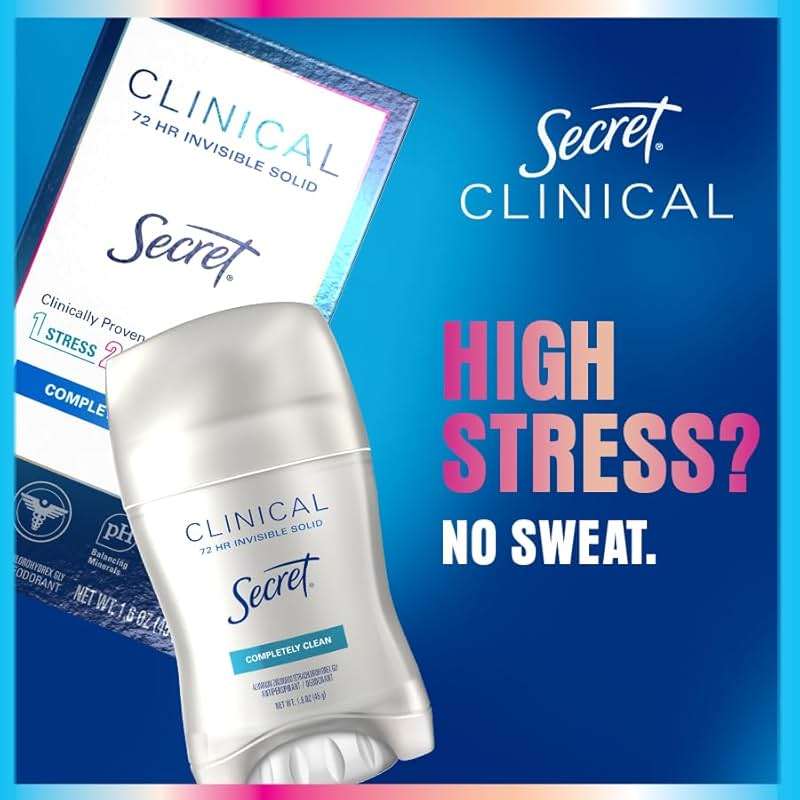 Secret Clinical Strength Invisible Solid Antiperspirant Deodorant for Women, 100HR Sweat & Odor Protection, 3X Stress Protection with Hyaluronic Acid, PH Balanced, Completely Clean Scent, 2.6 oz - Image 8