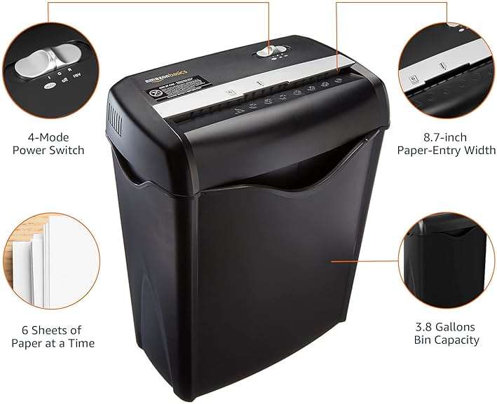Amazon Basics 6-Sheet Cross-Cut Paper and Credit Card Shredder with 3.8 Gallon Bin, Shreds Staples, Black - Image 9